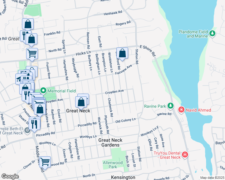 map of restaurants, bars, coffee shops, grocery stores, and more near 2 Wimbleton Lane in Great Neck