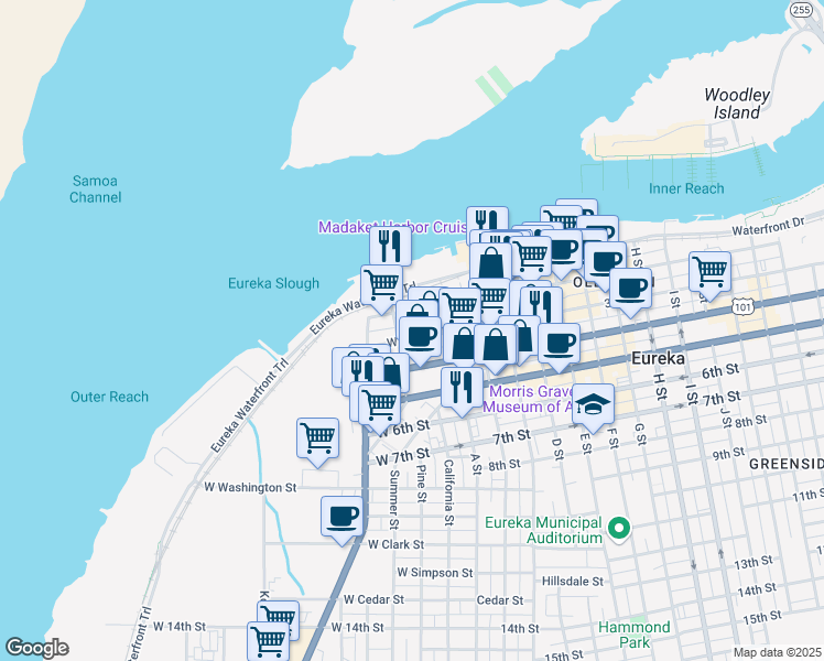 map of restaurants, bars, coffee shops, grocery stores, and more near 80 W 3rd St in Eureka