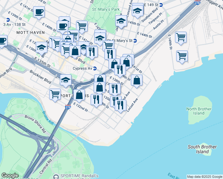 map of restaurants, bars, coffee shops, grocery stores, and more near 815 East 136th Street in The Bronx