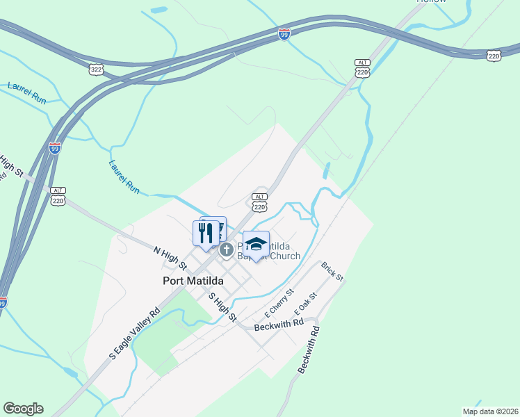 map of restaurants, bars, coffee shops, grocery stores, and more near 602 East Plank Road in Port Matilda