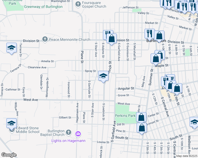 map of restaurants, bars, coffee shops, grocery stores, and more near 1523 Oakdale Street in Burlington