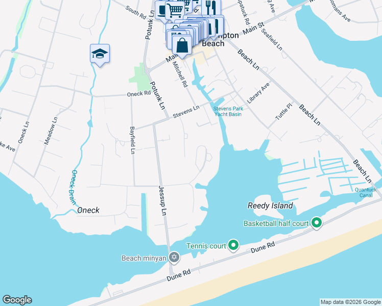 map of restaurants, bars, coffee shops, grocery stores, and more near 11 Old Meadow Bend in Westhampton Beach