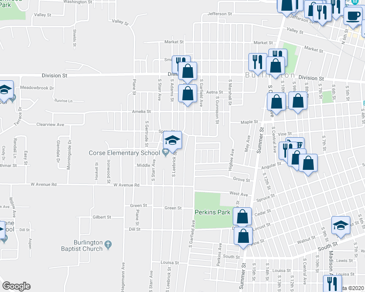 map of restaurants, bars, coffee shops, grocery stores, and more near 628 South Leebrick Street in Burlington