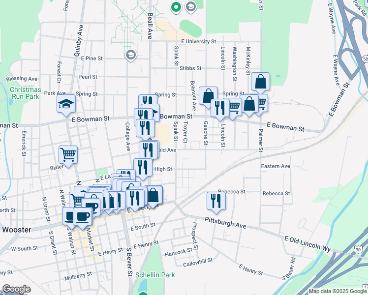 map of restaurants, bars, coffee shops, grocery stores, and more near 622 Nold Avenue in Wooster