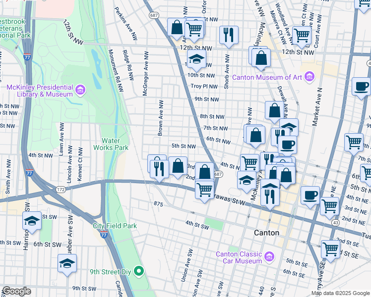 map of restaurants, bars, coffee shops, grocery stores, and more near 427 Newton Avenue Northwest in Canton