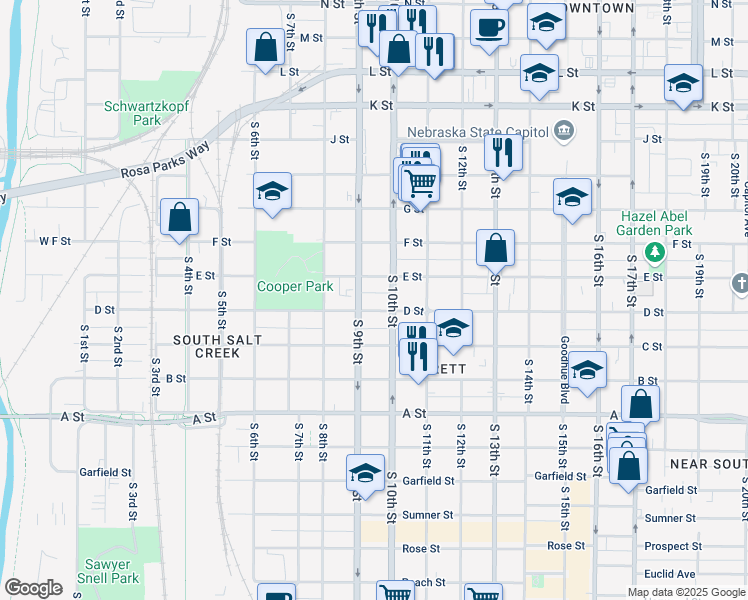 map of restaurants, bars, coffee shops, grocery stores, and more near 920 D Street in Lincoln