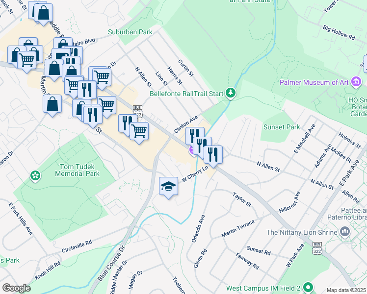 map of restaurants, bars, coffee shops, grocery stores, and more near 1276 North Atherton Street in State College