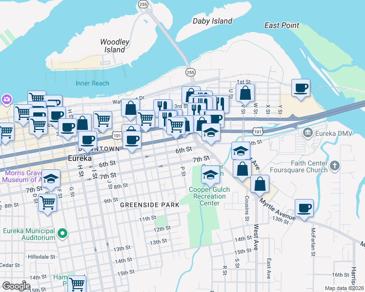 map of restaurants, bars, coffee shops, grocery stores, and more near 1513 6th Street in Eureka