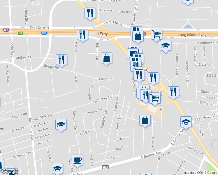 map of restaurants, bars, coffee shops, grocery stores, and more near 24 Hillsite Lane in Central Islip
