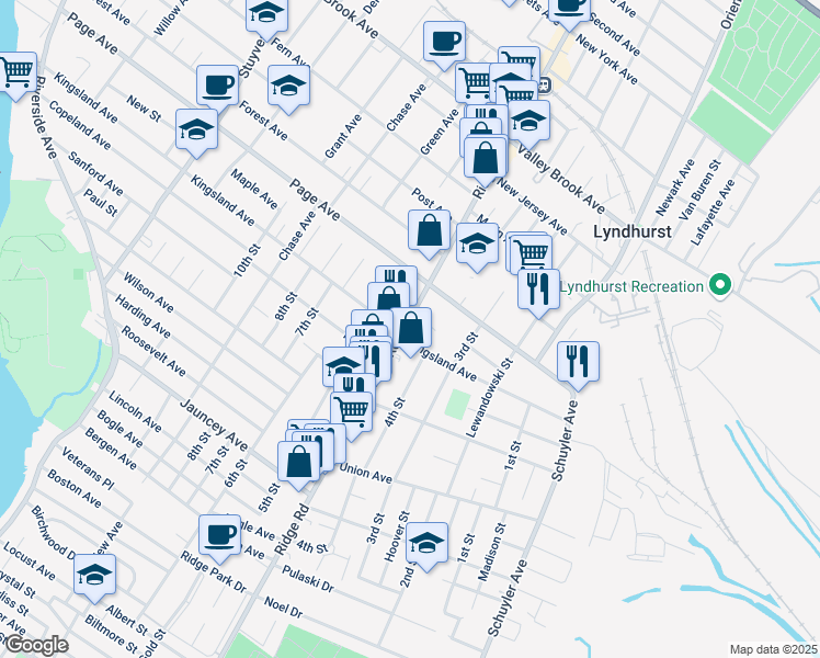 map of restaurants, bars, coffee shops, grocery stores, and more near 590 Ridge Road in Lyndhurst