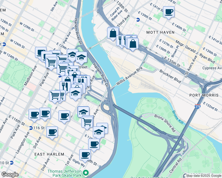 map of restaurants, bars, coffee shops, grocery stores, and more near 1242 1st Avenue in New York