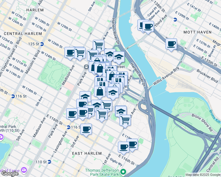 map of restaurants, bars, coffee shops, grocery stores, and more near 224 East 125th Street in New York