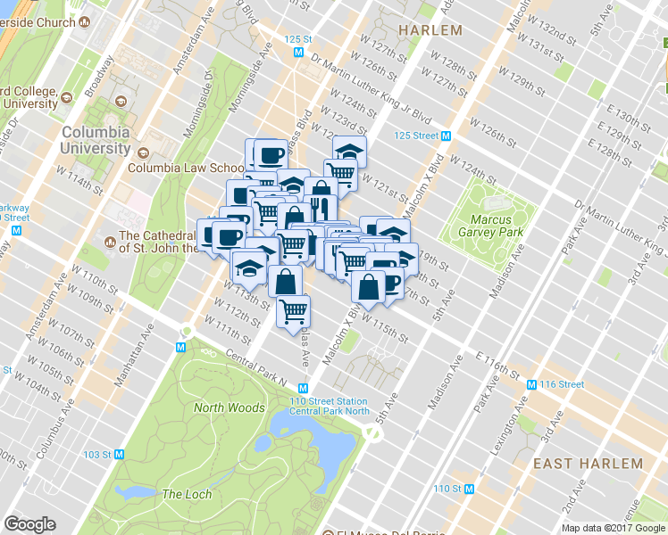 map of restaurants, bars, coffee shops, grocery stores, and more near 141w West 116th Street in New York