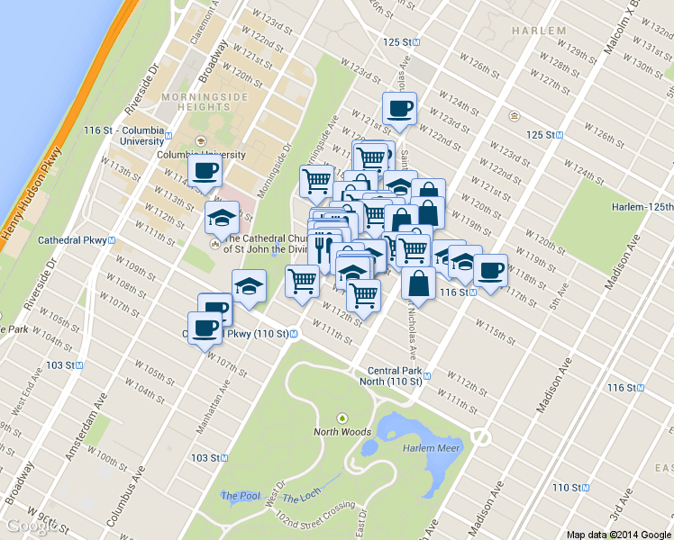 map of restaurants, bars, coffee shops, grocery stores, and more near 2098 Frederick Douglass Boulevard in New York