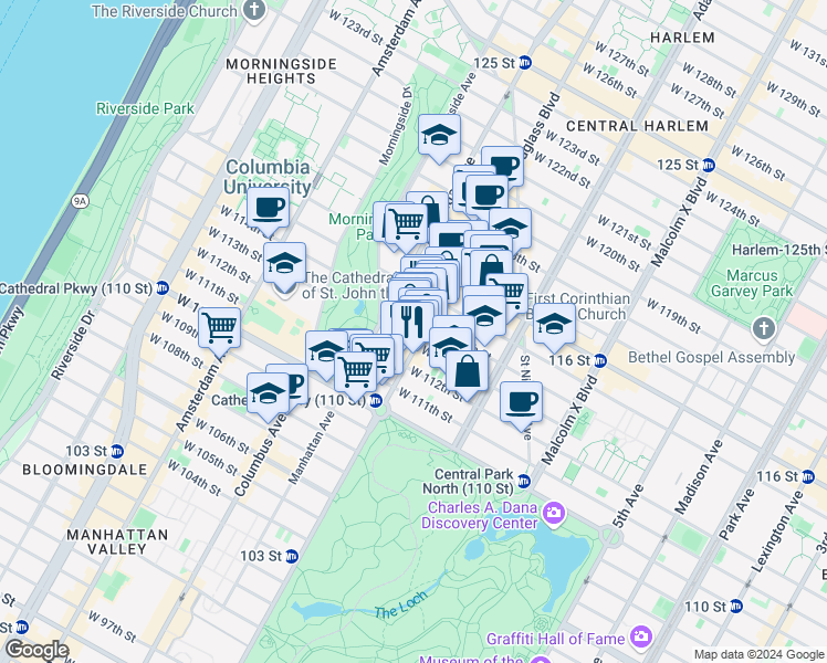 map of restaurants, bars, coffee shops, grocery stores, and more near in New York