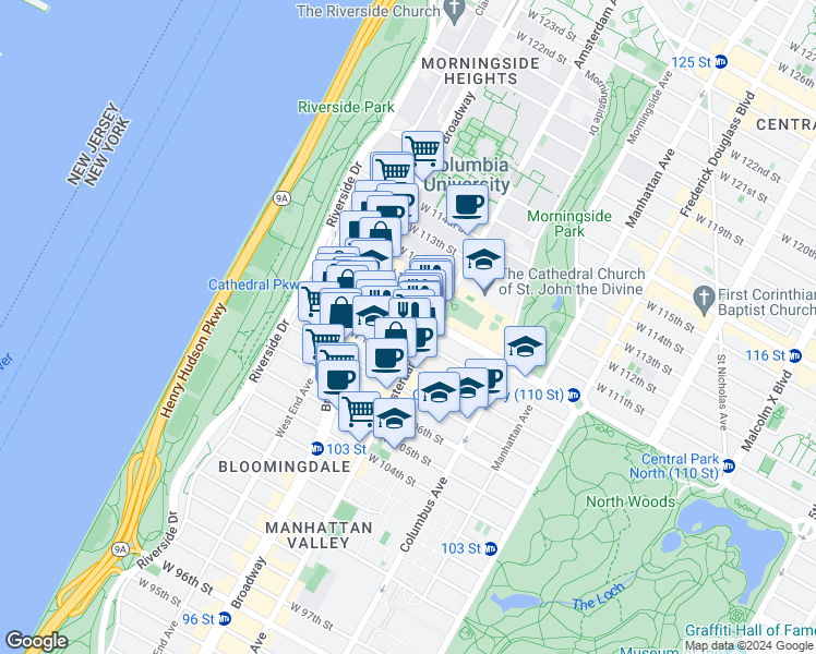 map of restaurants, bars, coffee shops, grocery stores, and more near in New York