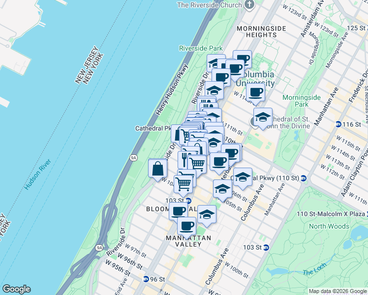 map of restaurants, bars, coffee shops, grocery stores, and more near 400 West 107th Street in New York