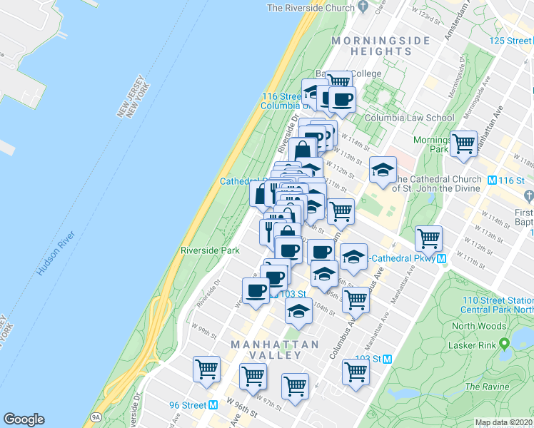map of restaurants, bars, coffee shops, grocery stores, and more near 400 West 107th Street in New York
