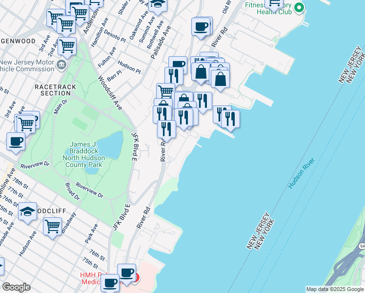 map of restaurants, bars, coffee shops, grocery stores, and more near 4 Main Street in Edgewater