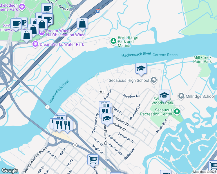 map of restaurants, bars, coffee shops, grocery stores, and more near 1103 Farm Road in Secaucus