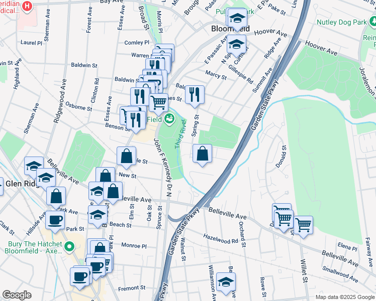 map of restaurants, bars, coffee shops, grocery stores, and more near 67 Spring Street in Bloomfield