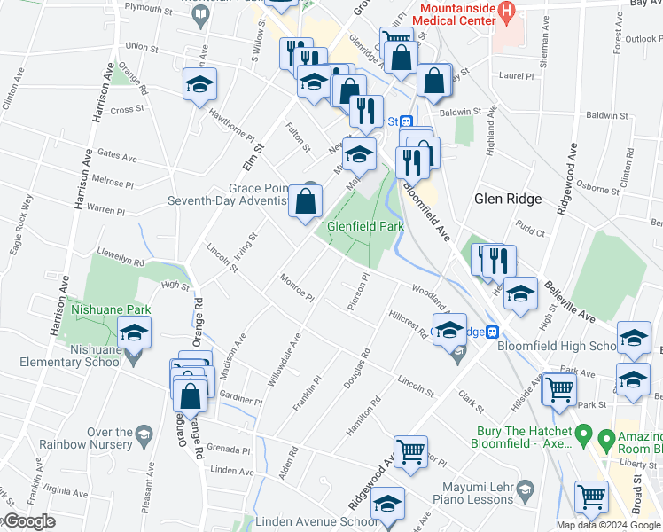 map of restaurants, bars, coffee shops, grocery stores, and more near 7 Wheeler Street in Montclair