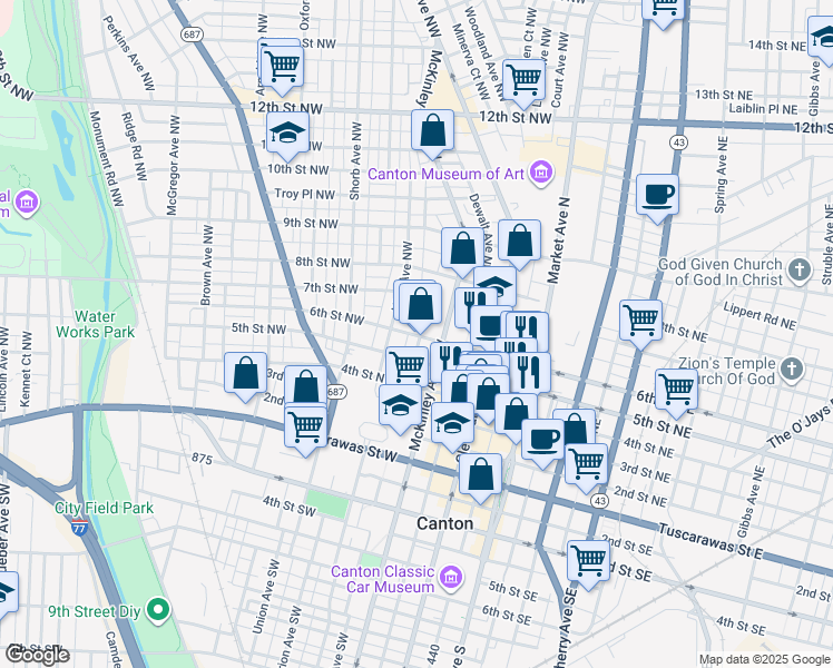 map of restaurants, bars, coffee shops, grocery stores, and more near 604 6th Street Northwest in Canton