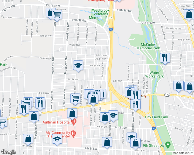map of restaurants, bars, coffee shops, grocery stores, and more near 2325 4th Street Northwest in Canton