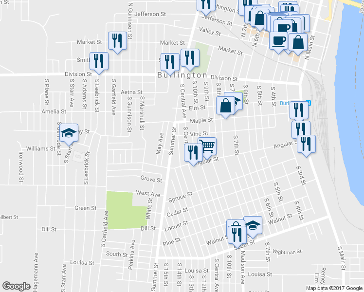 map of restaurants, bars, coffee shops, grocery stores, and more near 521 South Central Avenue in Burlington