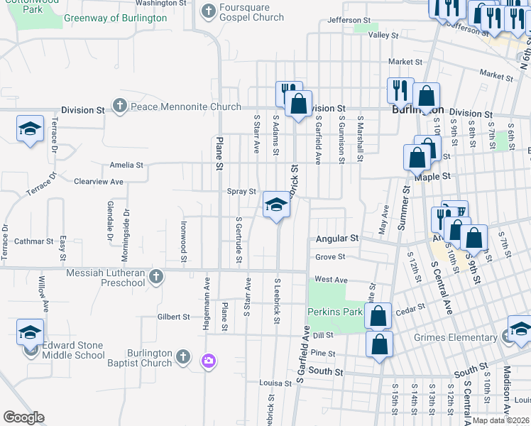 map of restaurants, bars, coffee shops, grocery stores, and more near 1523 Oakdale Street in Burlington