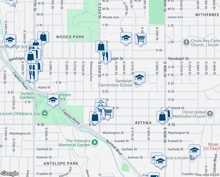 map of restaurants, bars, coffee shops, grocery stores, and more near 1027 South 34th Street in Lincoln