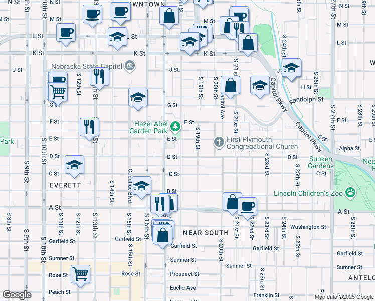 map of restaurants, bars, coffee shops, grocery stores, and more near 1826 D Street in Lincoln