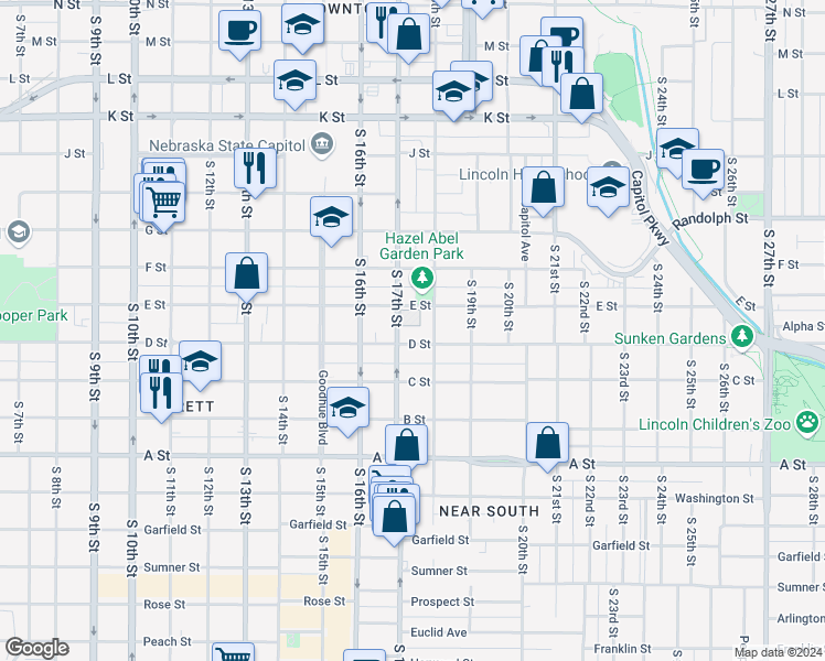map of restaurants, bars, coffee shops, grocery stores, and more near 1730 D Street in Lincoln