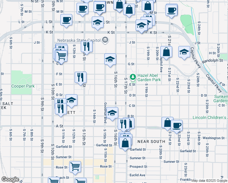 map of restaurants, bars, coffee shops, grocery stores, and more near 1518 D Street in Lincoln