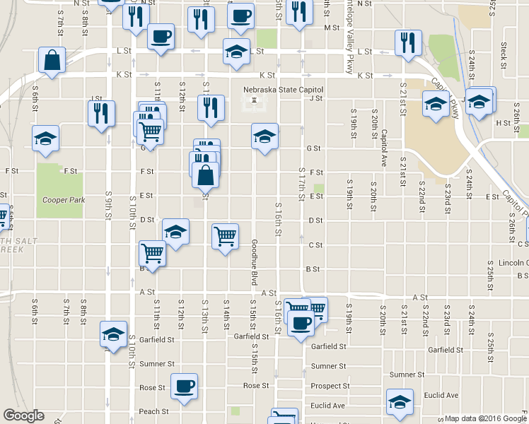 map of restaurants, bars, coffee shops, grocery stores, and more near 1518 D Street in Lincoln