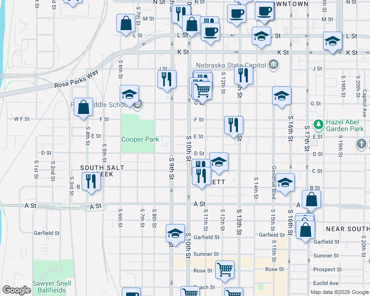 map of restaurants, bars, coffee shops, grocery stores, and more near 912 D Street in Lincoln