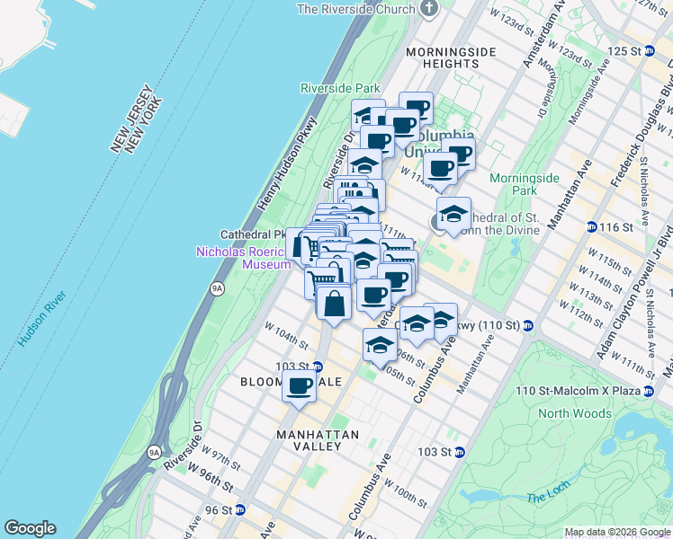 map of restaurants, bars, coffee shops, grocery stores, and more near Broadway & W 108th St in New York