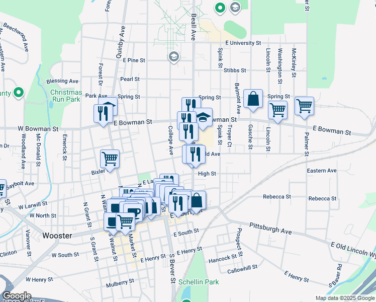 map of restaurants, bars, coffee shops, grocery stores, and more near 428 Beall Avenue in Wooster