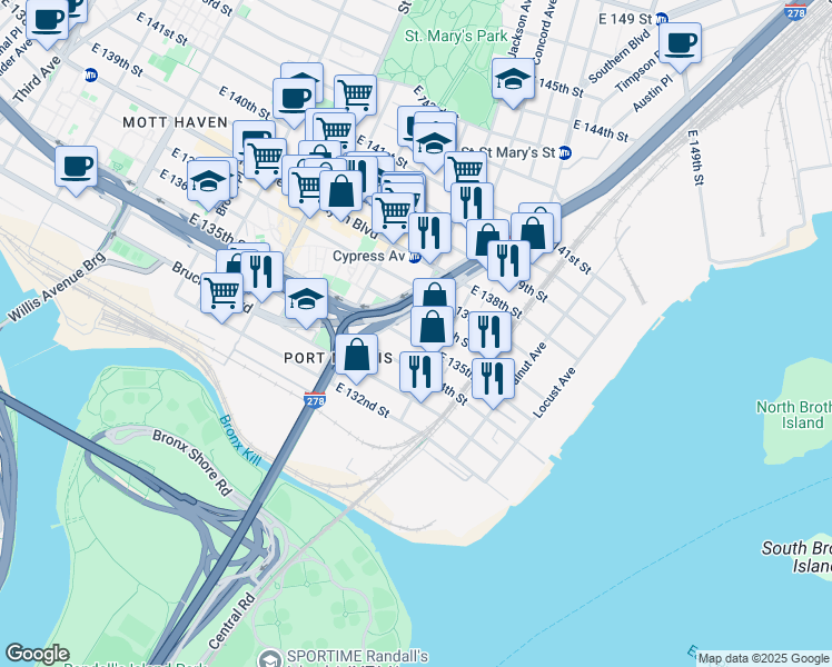 map of restaurants, bars, coffee shops, grocery stores, and more near 711 East 135th Street in The Bronx