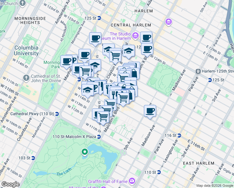 map of restaurants, bars, coffee shops, grocery stores, and more near 118 West 117th Street in New York