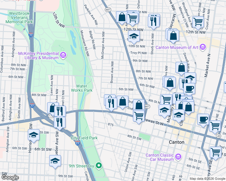 map of restaurants, bars, coffee shops, grocery stores, and more near 1136 5th Street Northwest in Canton