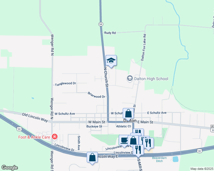 map of restaurants, bars, coffee shops, grocery stores, and more near North Church Street in Dalton