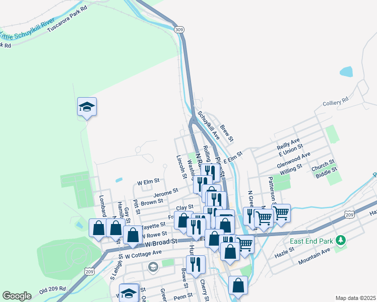 map of restaurants, bars, coffee shops, grocery stores, and more near 513 Washington Street in Tamaqua