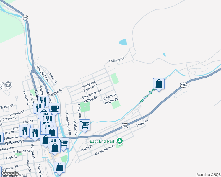 map of restaurants, bars, coffee shops, grocery stores, and more near 527 Willing Street in Tamaqua