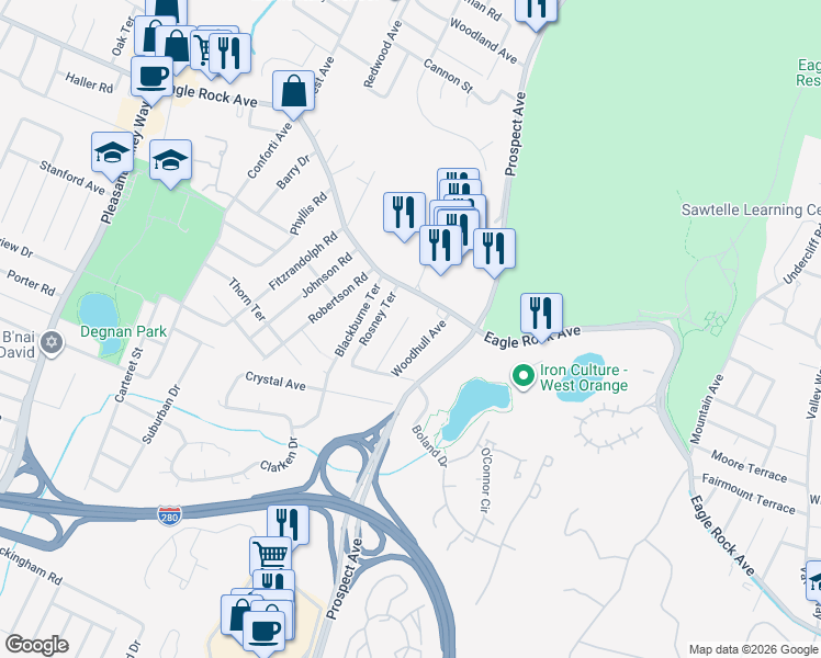 map of restaurants, bars, coffee shops, grocery stores, and more near 14 Fundus Road in West Orange