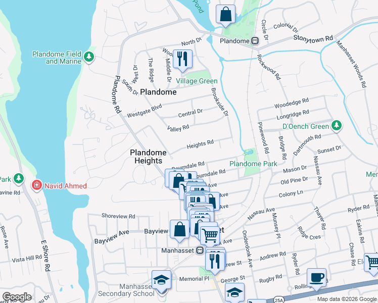 map of restaurants, bars, coffee shops, grocery stores, and more near 22 Heights Road in Manhasset