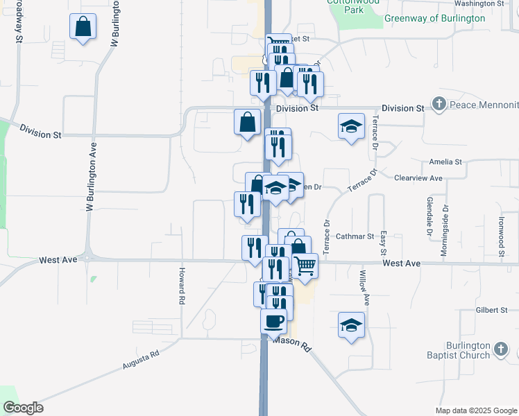 map of restaurants, bars, coffee shops, grocery stores, and more near 617 South Roosevelt Avenue in Burlington