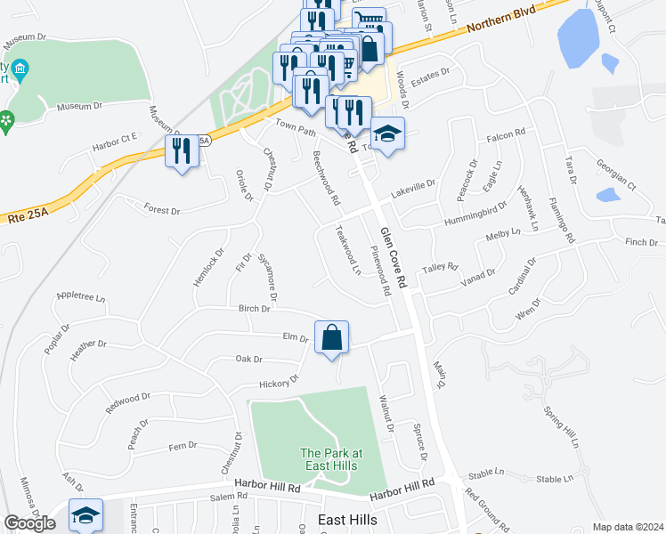 map of restaurants, bars, coffee shops, grocery stores, and more near 35 Midwood Cross in Roslyn