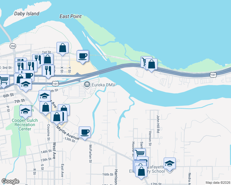 map of restaurants, bars, coffee shops, grocery stores, and more near 600 Bay Street in Eureka
