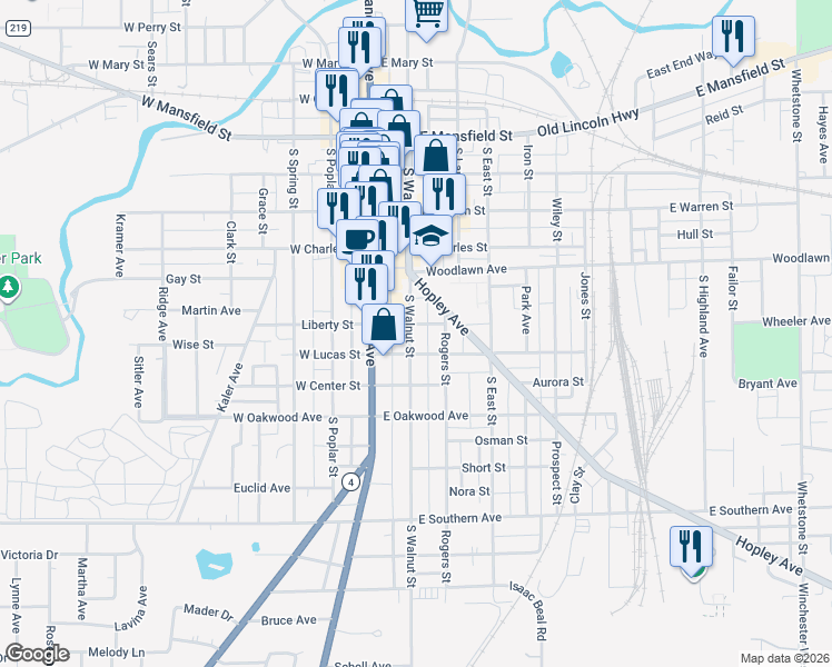 map of restaurants, bars, coffee shops, grocery stores, and more near 564 South Walnut Street in Bucyrus